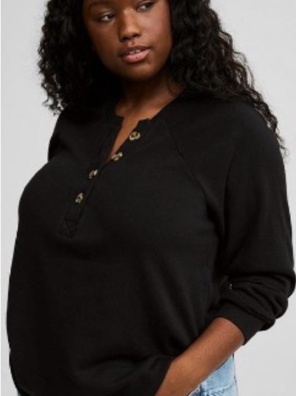 torrid Black Henley Sweatshirt with Button Placket